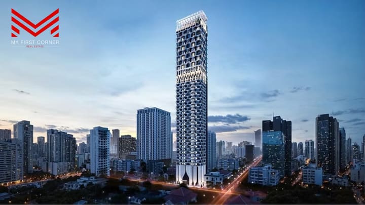 Exterior architectural rendering of the Time Square 302 skyscraper in Phnom Penh at twilight, featuring a modern honeycomb facade and a luminous lattice crown.