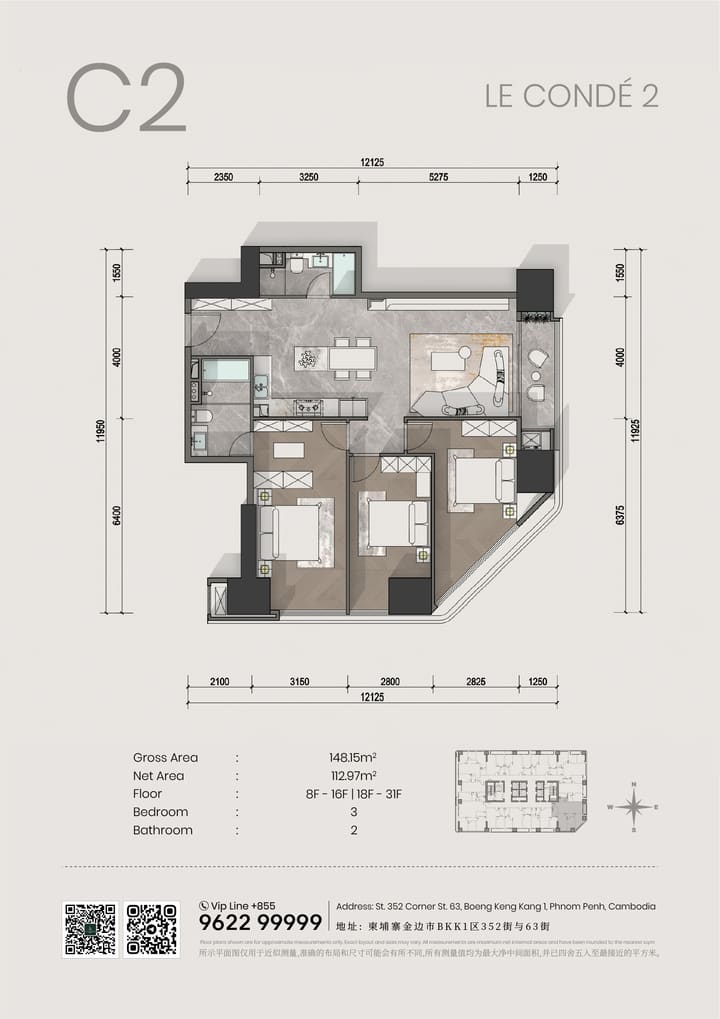 Floor plan for Luxury 3-BR apartment For Sale in BKK1