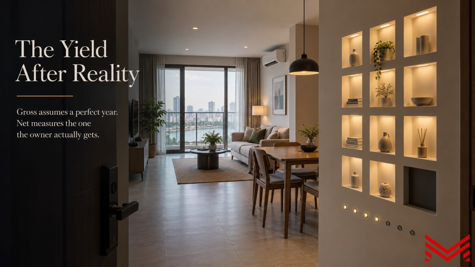 Net rental yield calculation for a Phnom Penh condominium comparing gross, net, and real yield figures