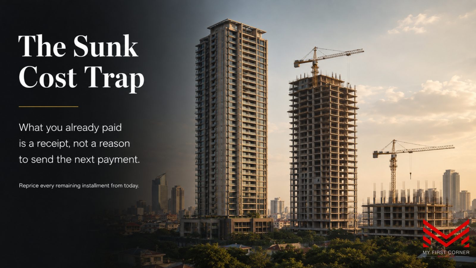 Investor reviewing a half-built condo portfolio and the sunk cost trap at an off-plan payment milestone in Phnom Penh